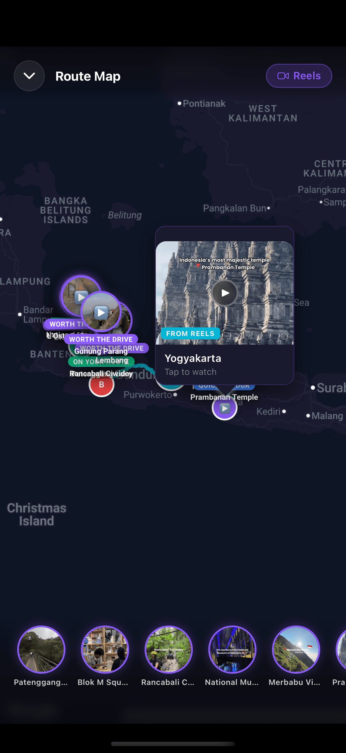Road trip route map with FROM REELS badges and creator content popups along the route