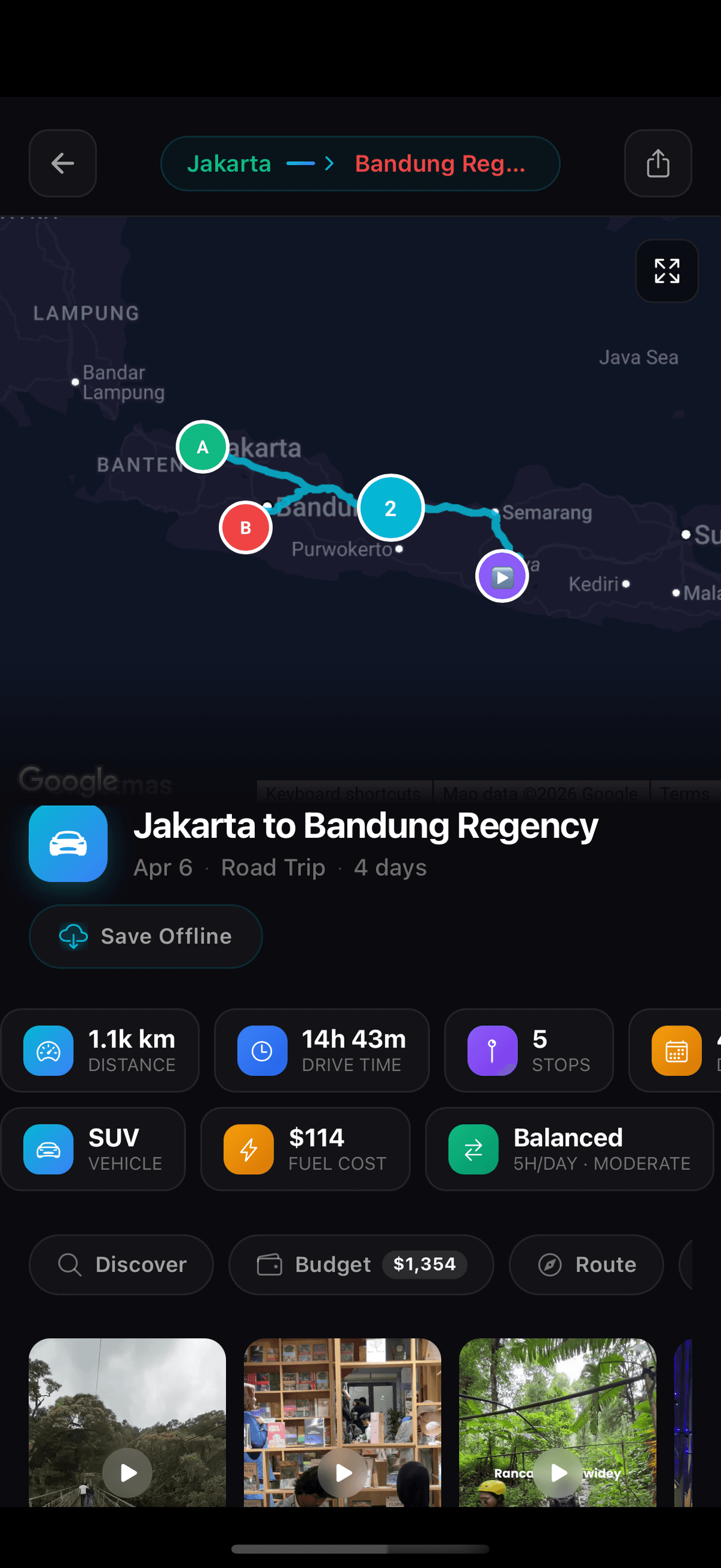 Completed road trip showing route details with fuel costs and stops