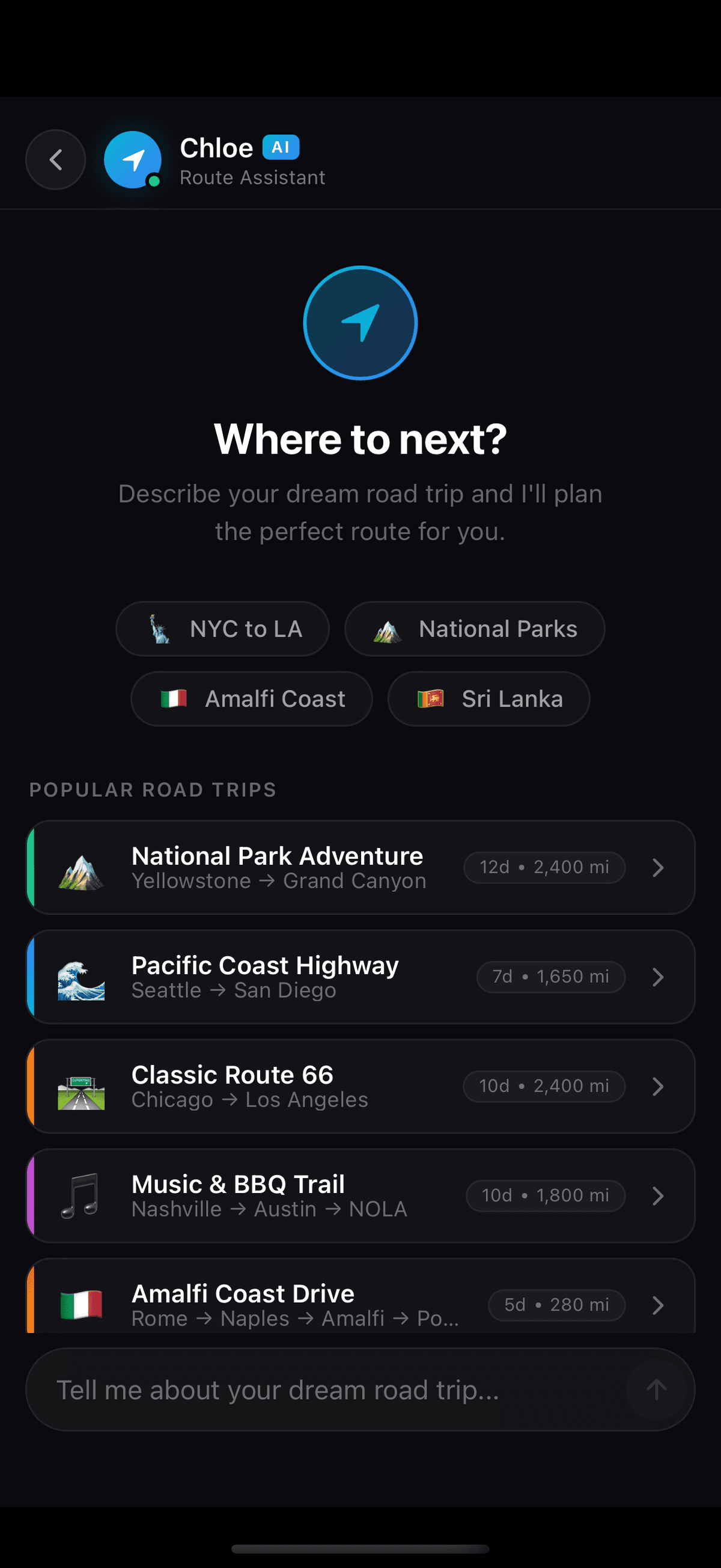 Chloe AI road trip agent showing popular routes like Route 66 and Pacific Coast Highway