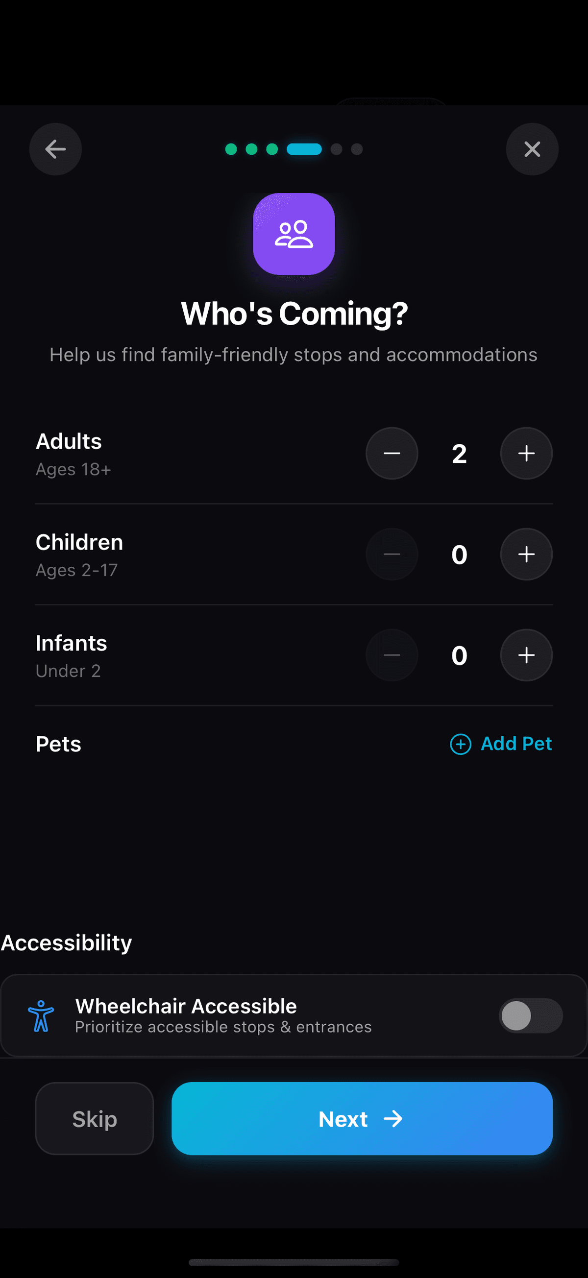 Tourific family and RV trip preferences with travel companion settings