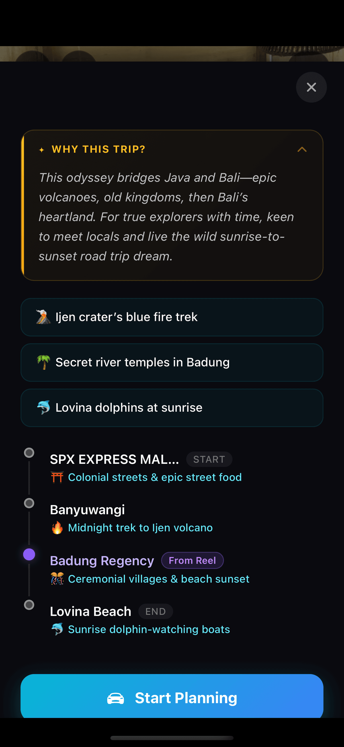 Road trip suggestion from travel reel showing route timeline with From Reel badges