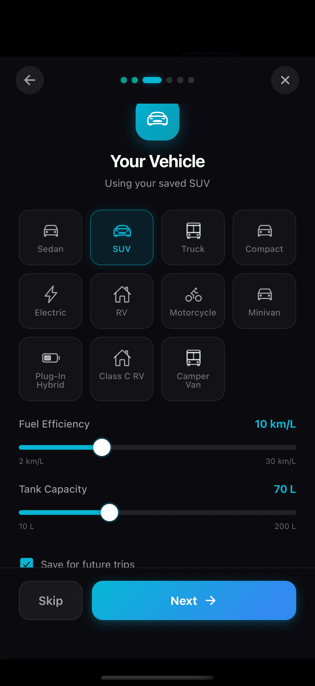 Vehicle selection showing gas, EV, RV options with fuel efficiency sliders